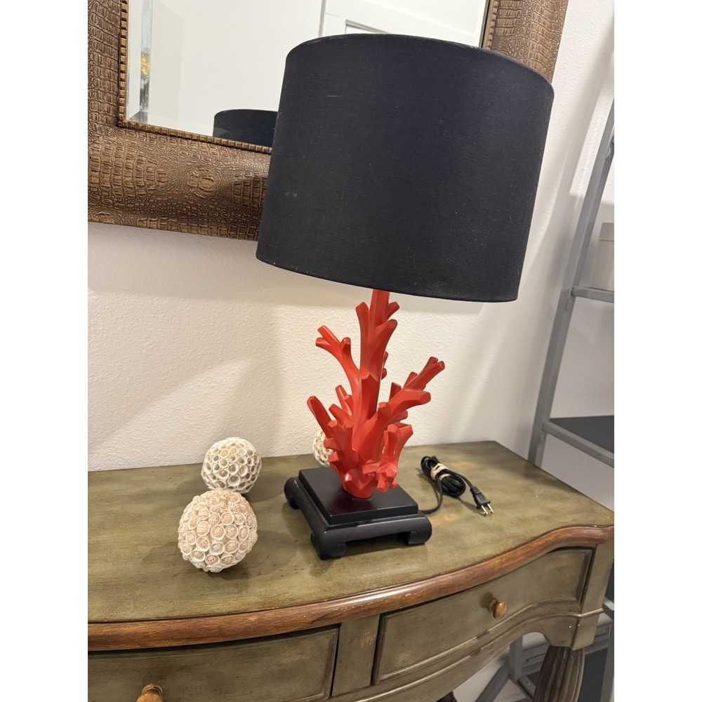 Coral Lamp Orange Black Shade Beach Hollywood Wood Base Black Shade